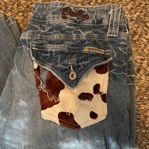 Miss Me Rock & Roll Cowgirl Blue Jeans with Cow Print Pocket